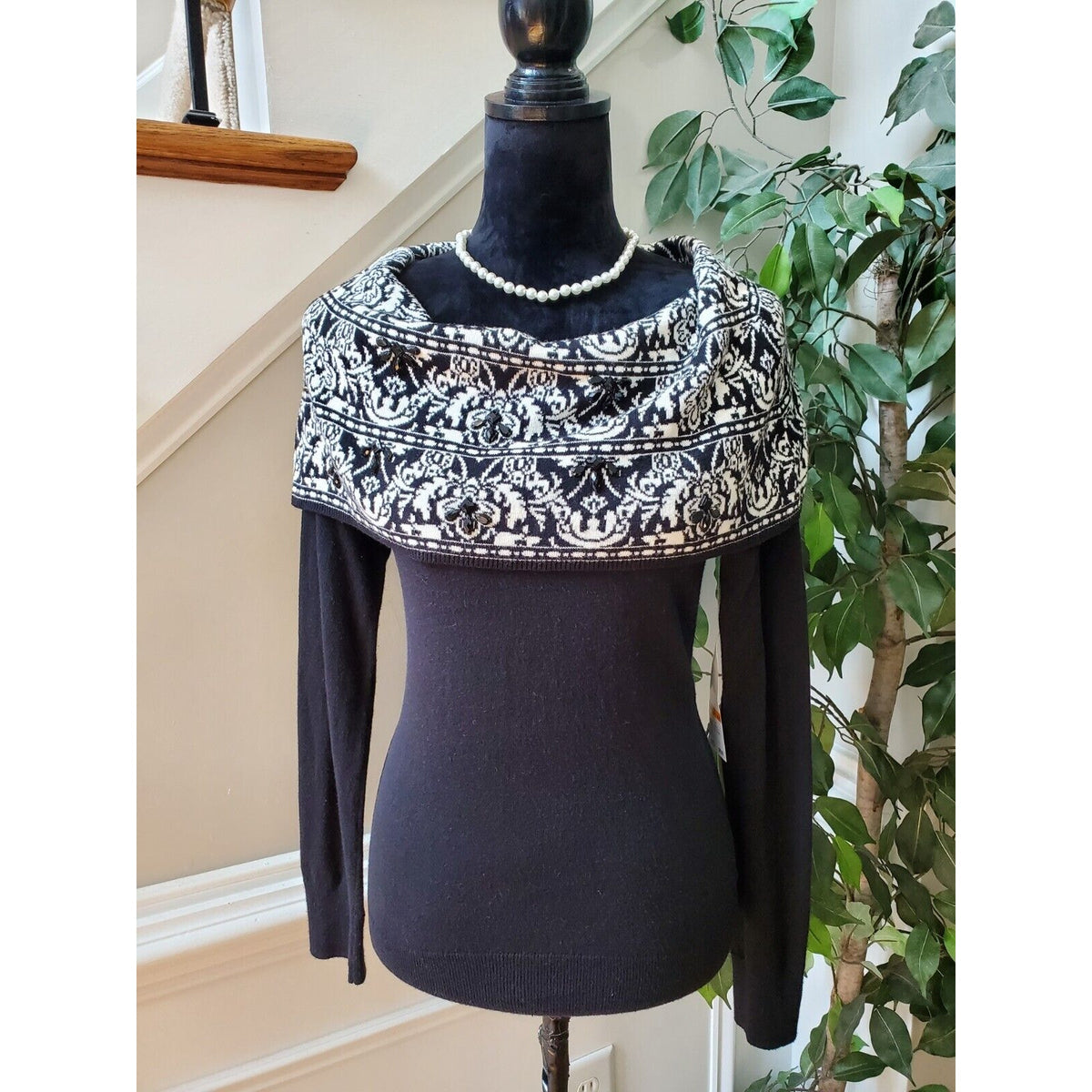 Jones New York Women Black Cotton Cowl Neck Long Sleeve Pullover Sweater Large