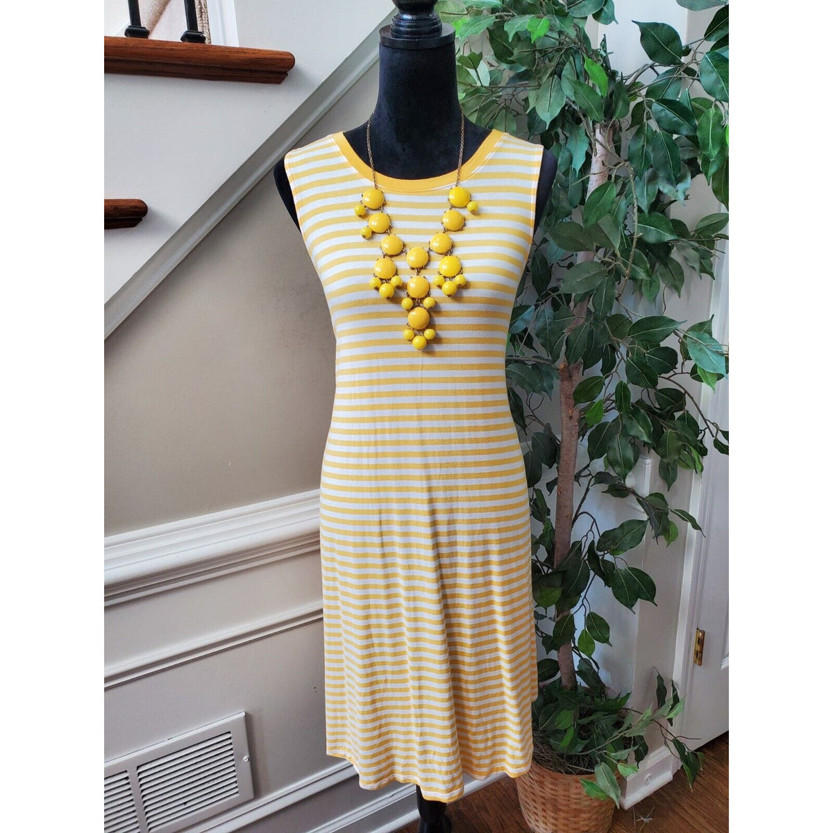 Time And Tru Yellow White Striped Round Neck Sleeveless Knee Length Dress XL