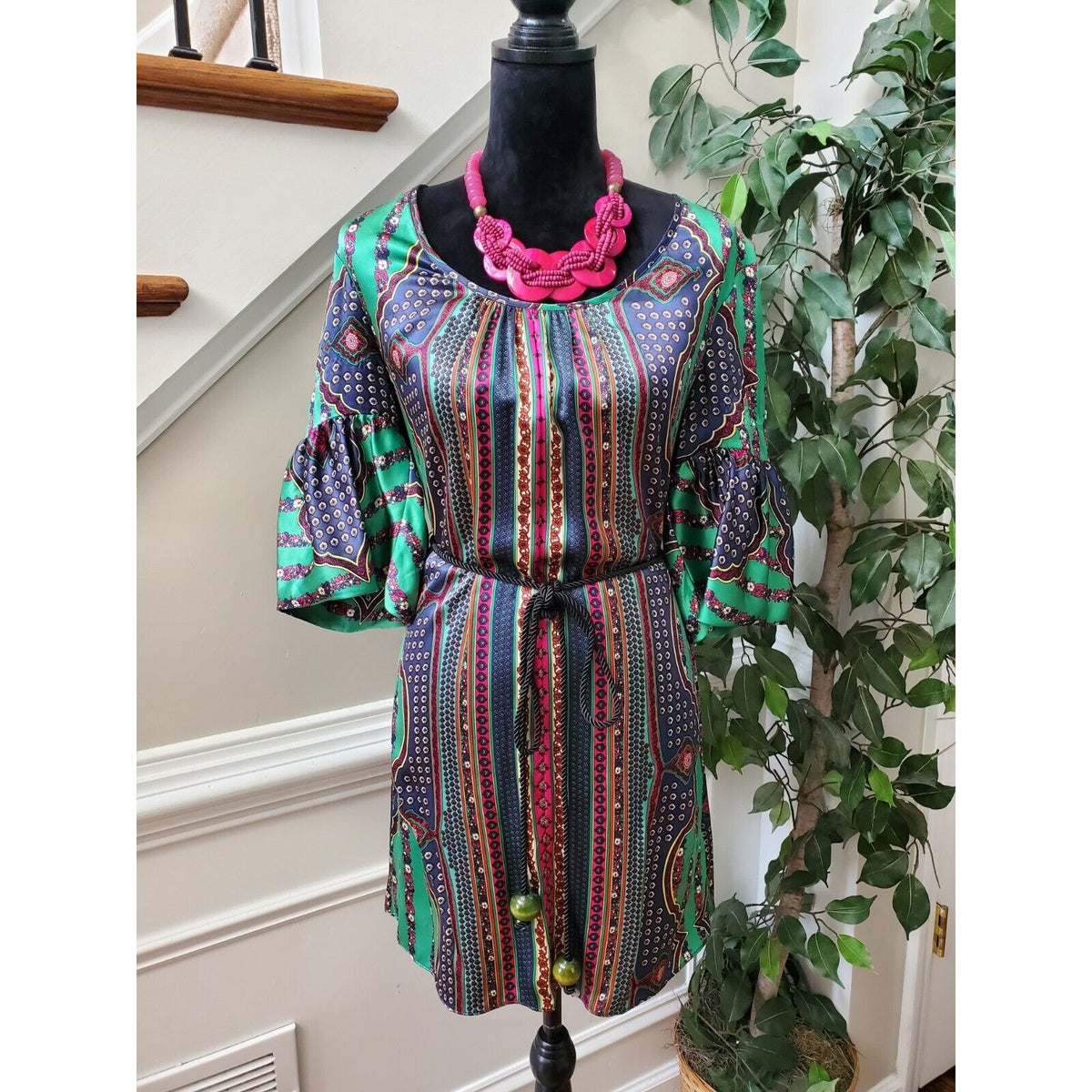 Single Dress Multicolor 100% Silk Long Sleeve Cord Waist Tie Knee Length Dress S