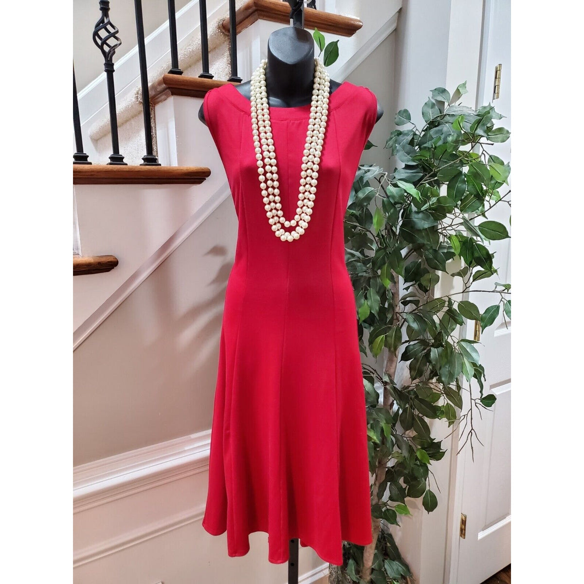 Blooming Rose Women Red Polyester Round Neck Sleeveless Knee Length Dress XL