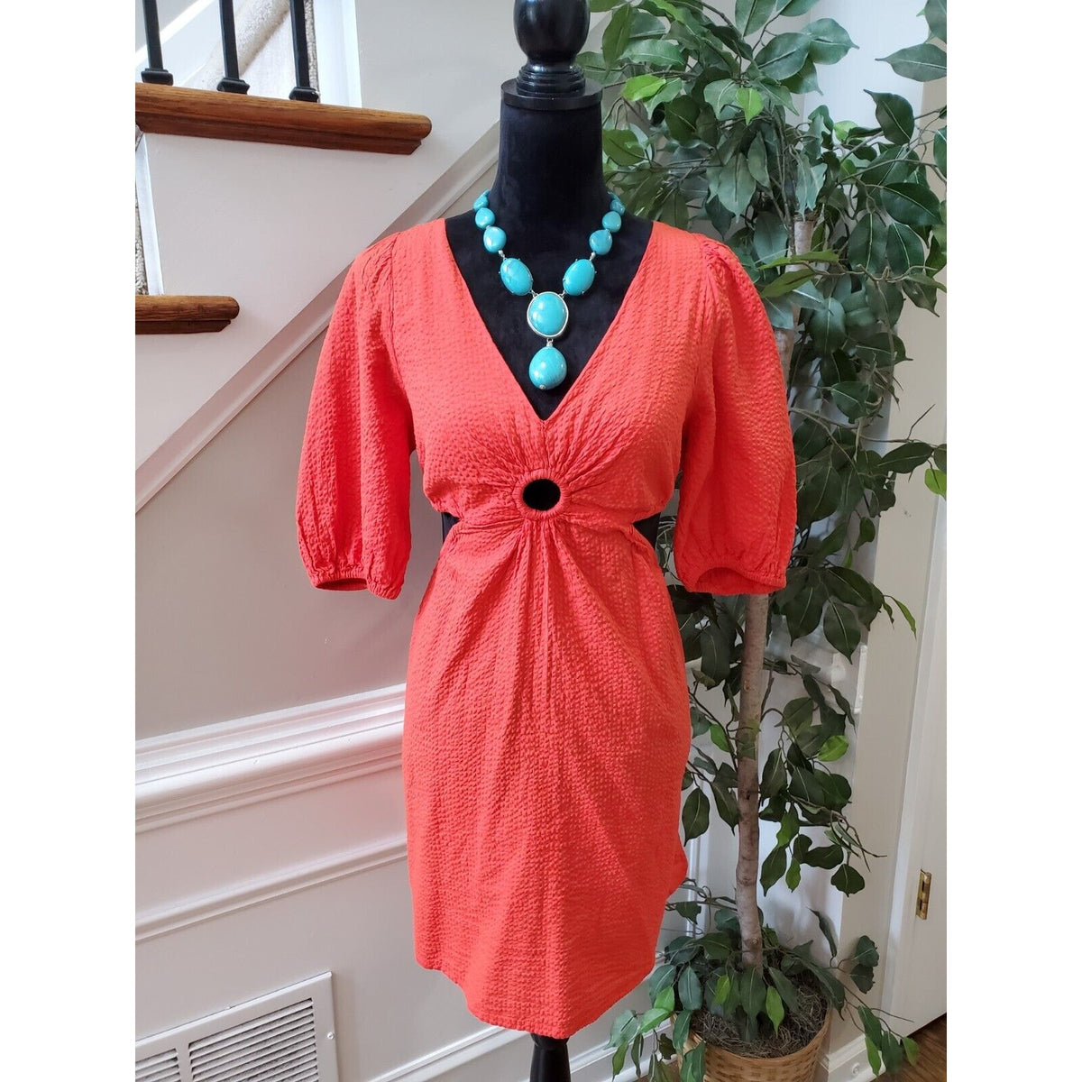 And Now This Women's Red 100% Cotton V-Neck Half Sleeve Knee Length Dress Size L