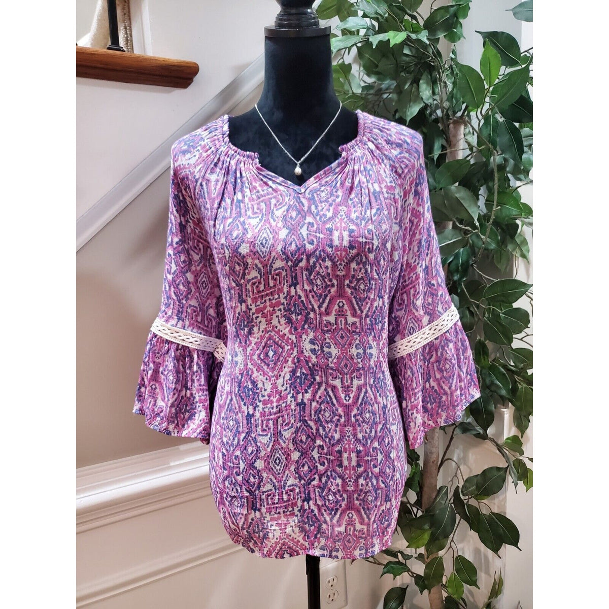 New Directions Women Purple Polyester V-Neck Long Sleeve Casual Top Blouse Large
