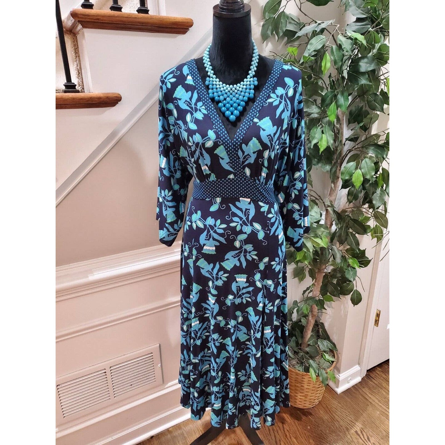 Blue Women's Floral Polyester V-Neck Casual Long Sleeves Knee Length Dress 8