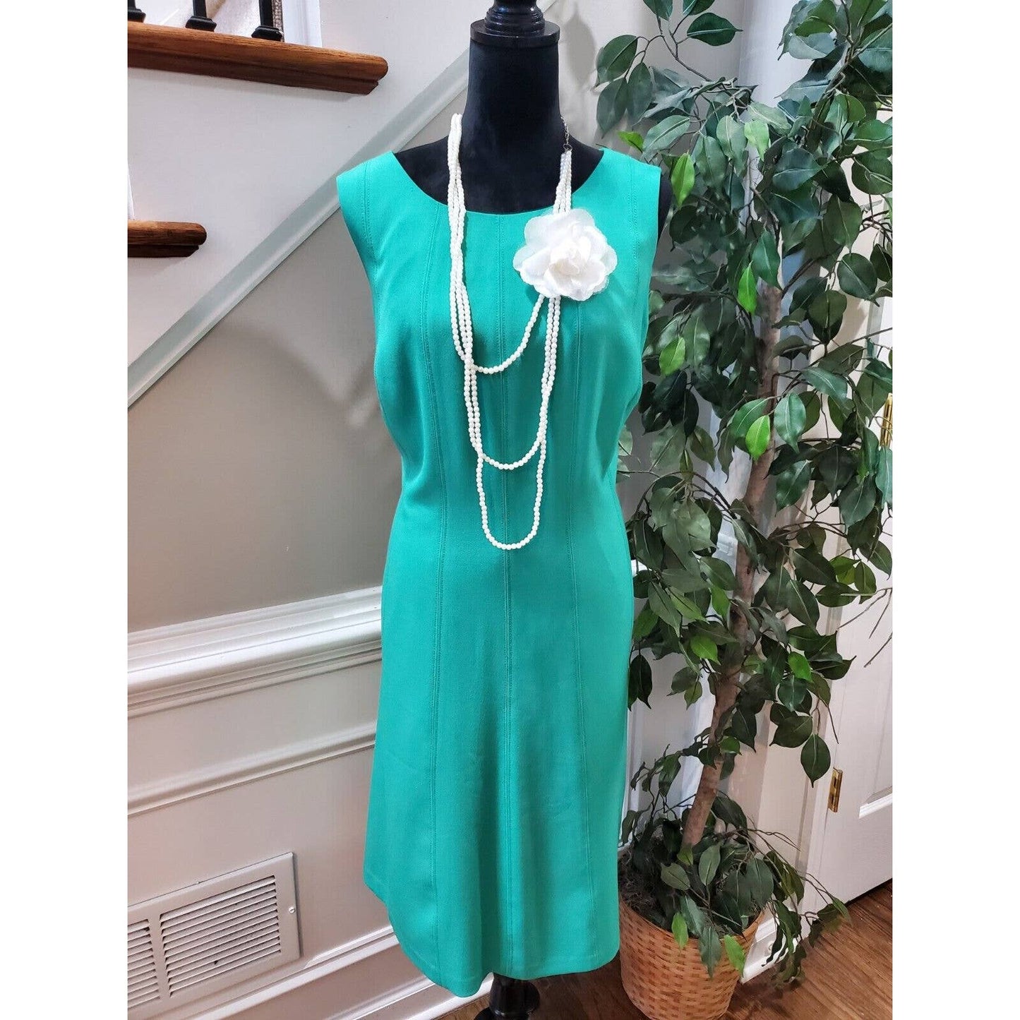 Jones New York Women Blue Polyester Round Neck Sleeveless Knee Length Dress 14W