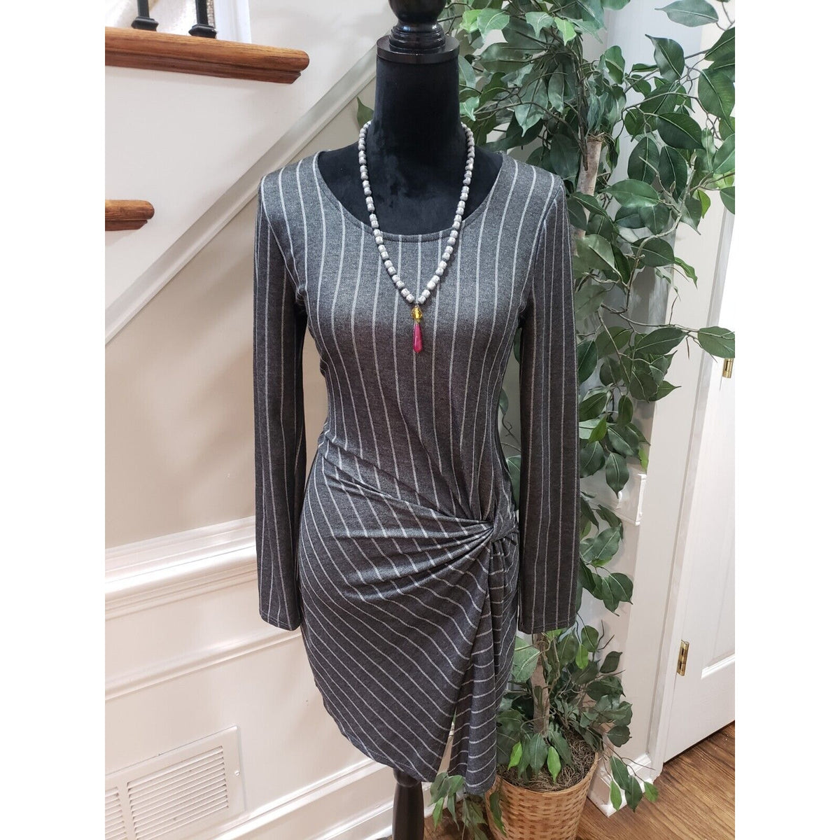Spring Haze Women Gray Striped Rayon Long Sleeve Round Neck Knee Length Dress S