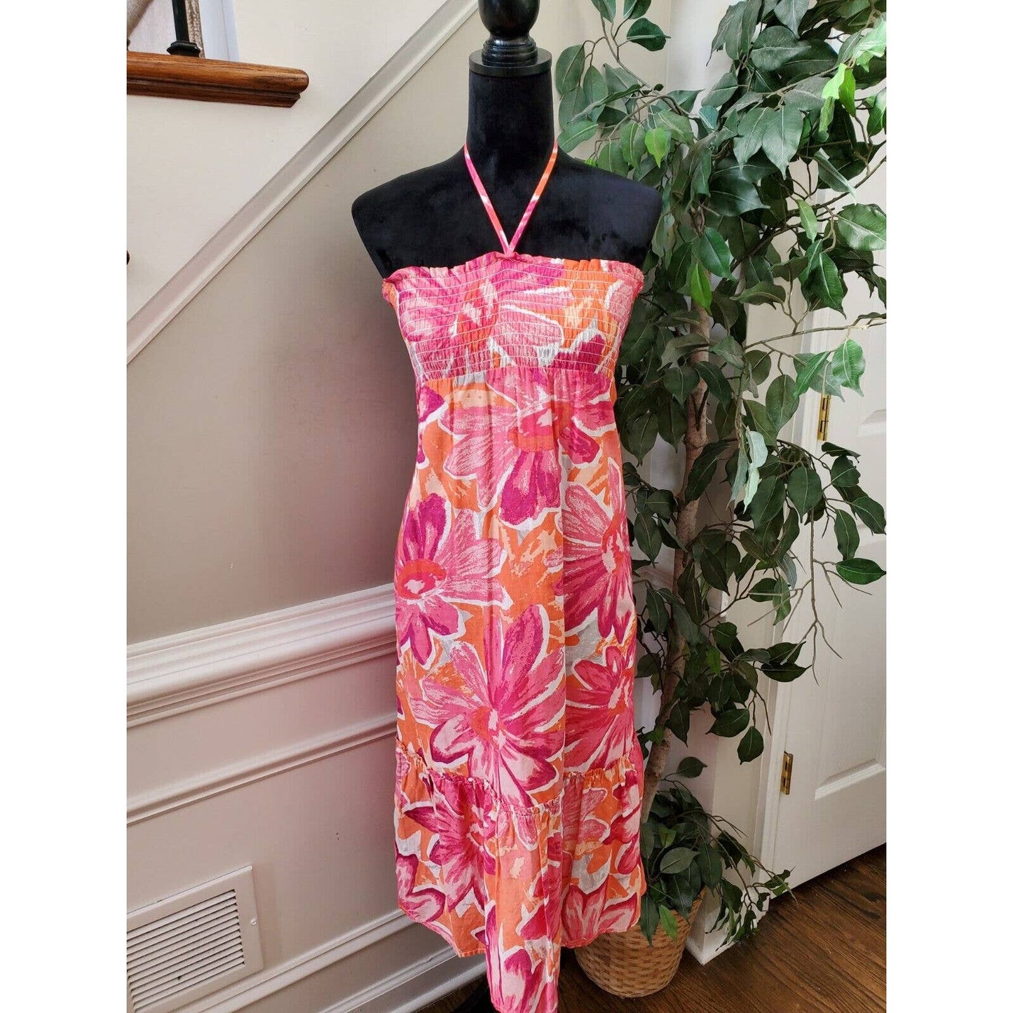 Old Navy Women's Floral Linen Halter Neck Sleeveless Knee Length Dress Size L