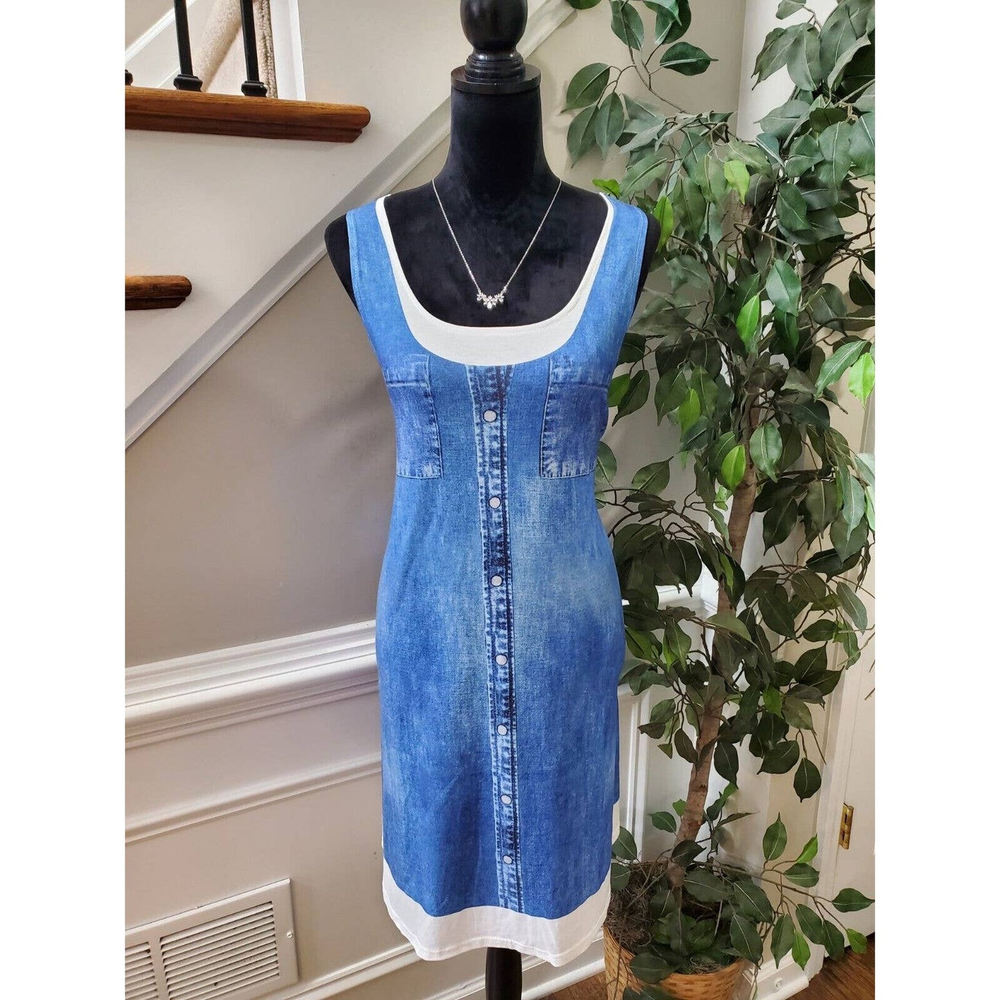 Women Blue Polyester Scoop Neck Sleeveless Casual Knee Length Dress Size Medium