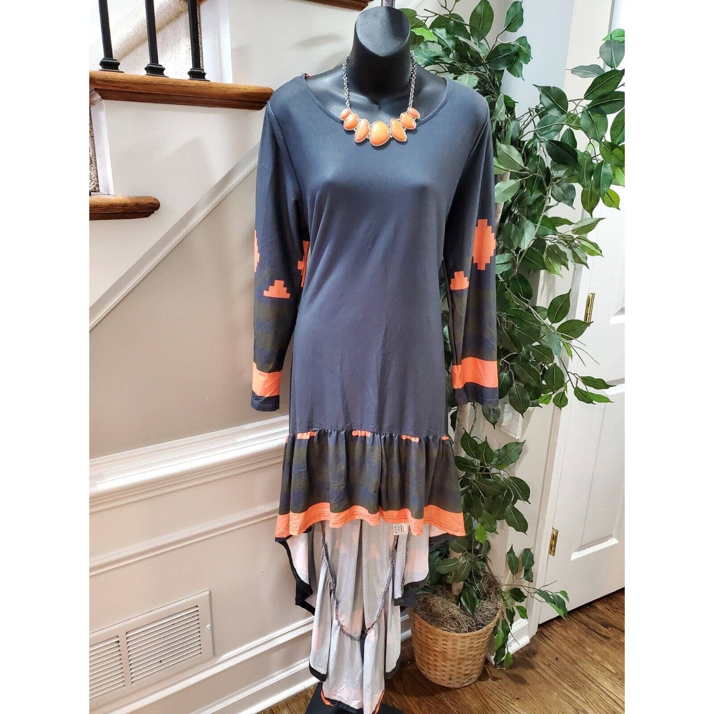 Reborn Women's Blue Rayon Round Neck Long Sleeve Hi Low Maxi Dress Size X-Large