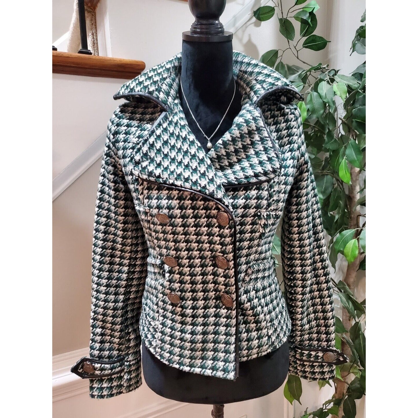 JOUJOU Women's White & Green Polyester Double Breasted Long Sleeve Coat Size XS