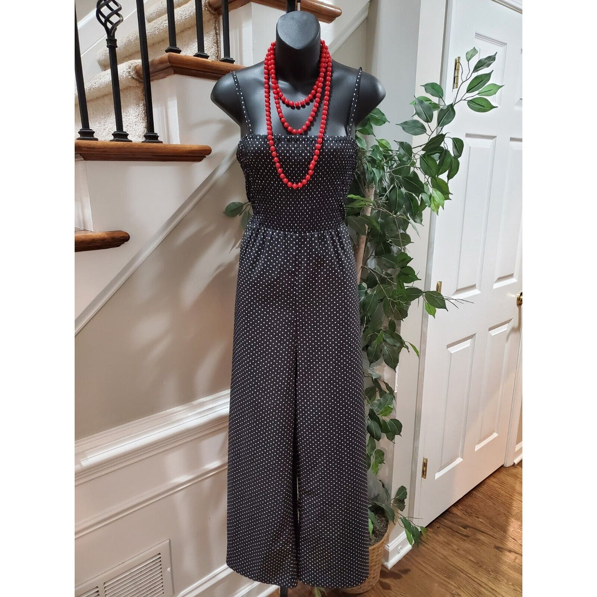 Lumiere Women Black Polka Dot Polyester Off The Shoulder 1 Piece Jumpsuit Size L