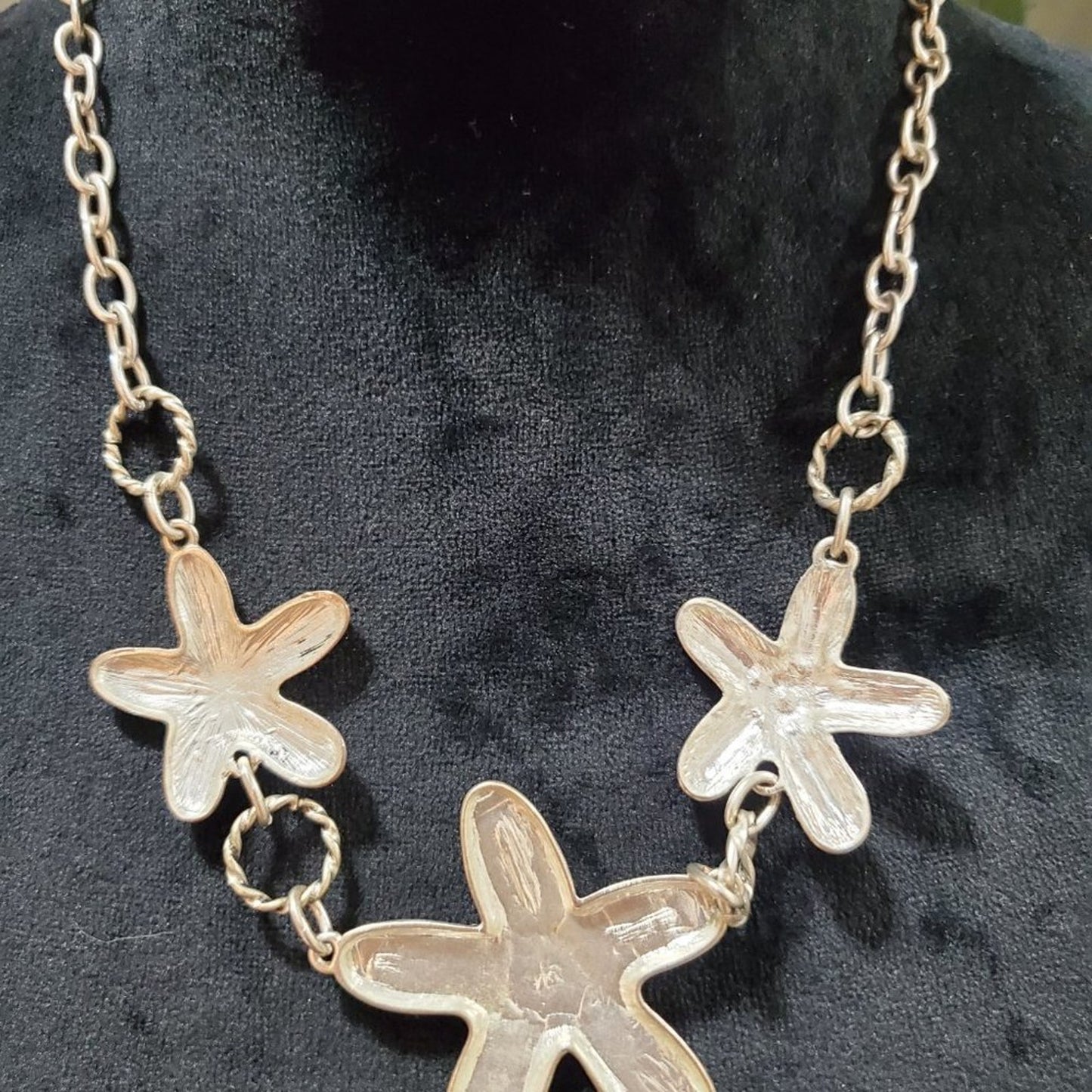 Women's Triple STARFISH Silver Tone Necklace Aquamarine Textured Rhinestones Cry