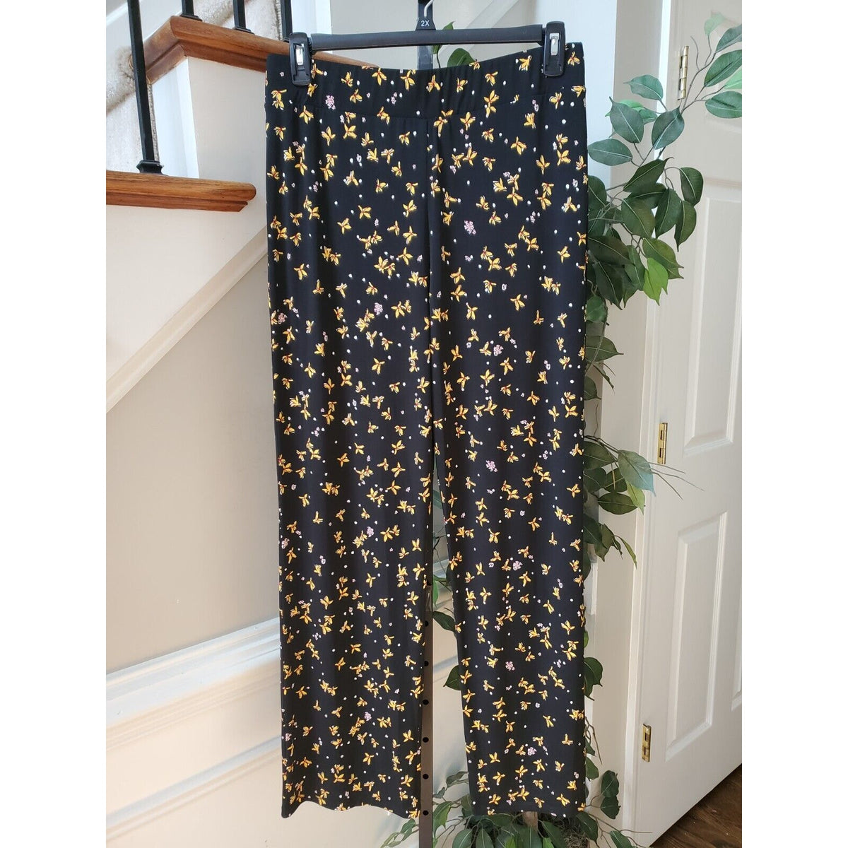 Grace Elements Womens Black Floral Polyester Casual Elastic Waist Pants Large