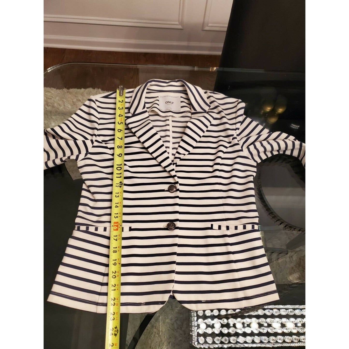 Only Women's Blue & White Two Buttons Long Sleeve Single Breasted Fitted Blazer