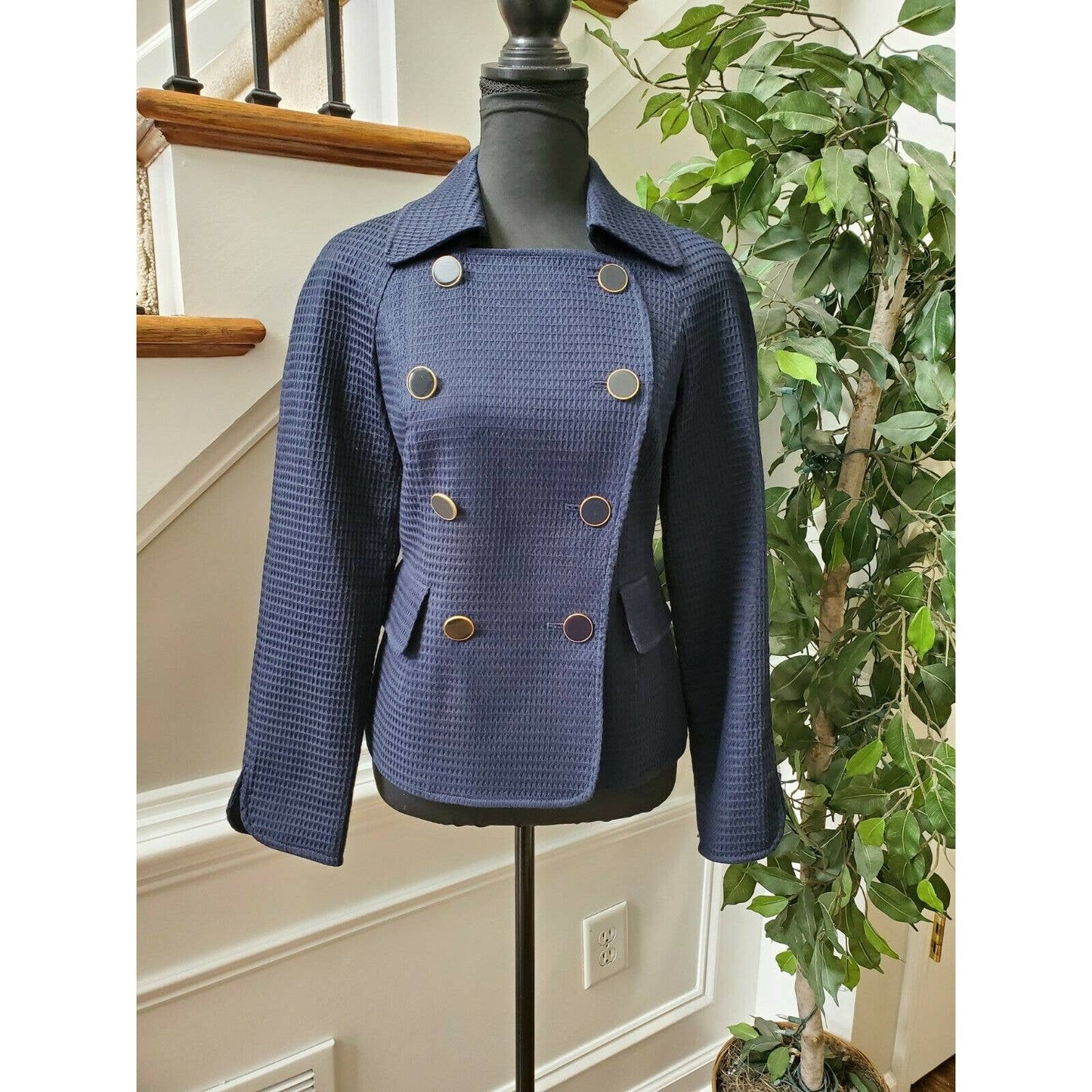 Talbots Women's Blue 100% Cotton Long Sleeve Front Buttons Fitted Blazer Size 4