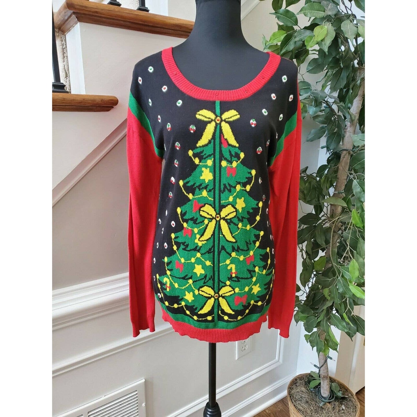 Rui21 Red & Black Women's Cotton Scoop Neck Long Sleeve Soft Sweaters