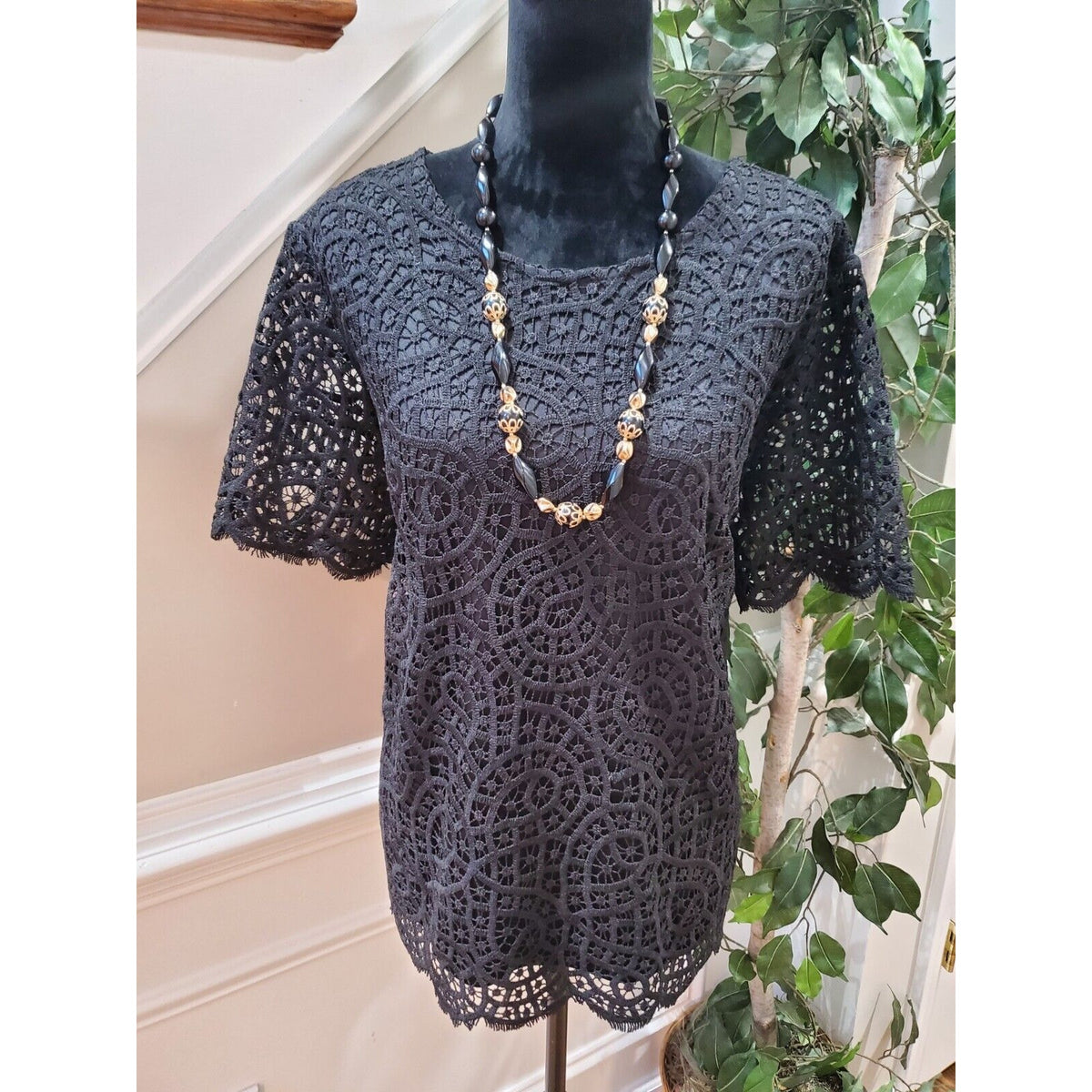 Philosophy Women's Black Lace Round Neck Short Sleeve Top Blouse Shirt Size XXL