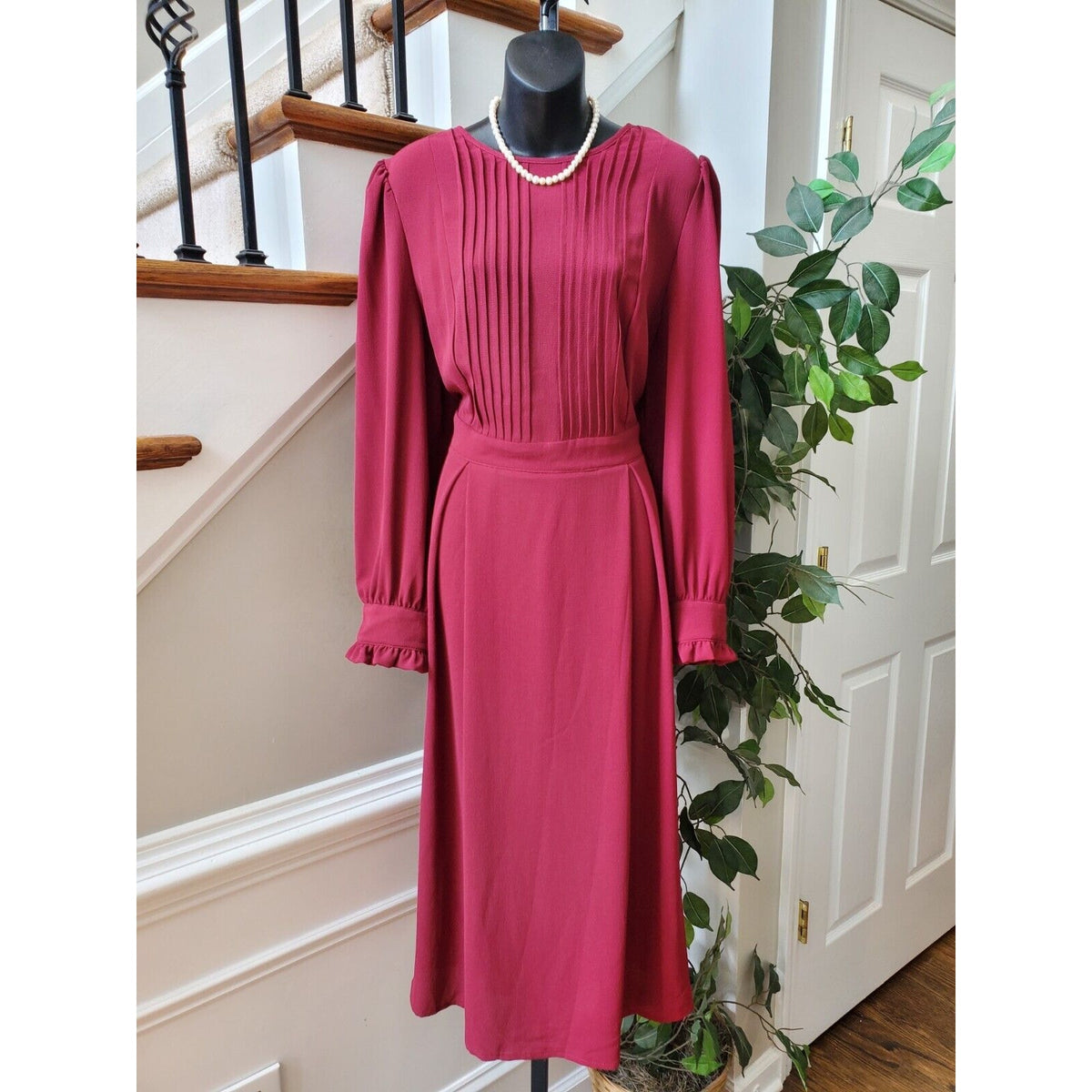 SHELN Curve Women's Red Elastane Round Neck Long Sleeve Long Maxi Dress Size L
