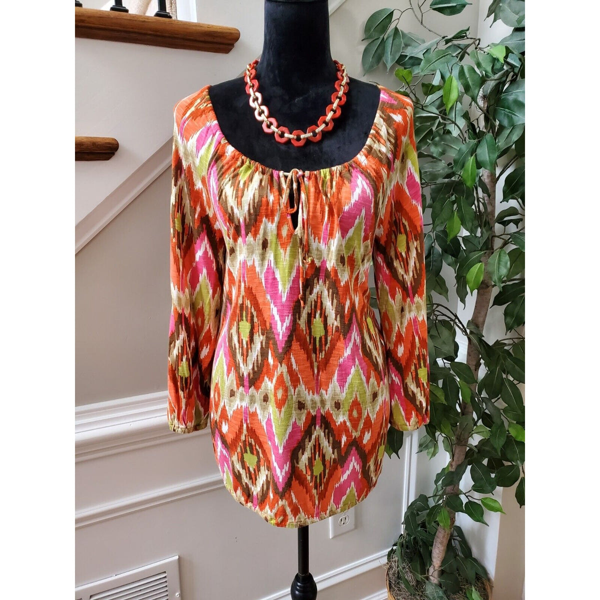 Jones New York Women Multicolor Viscose Scoop Neck Long Sleeve Top Blouse Size M