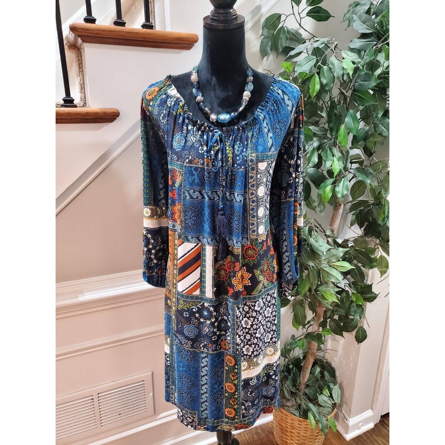 En Focus Women Blue Polyester Scoop Neck Long Sleeve Knee Length Dress Size 18W