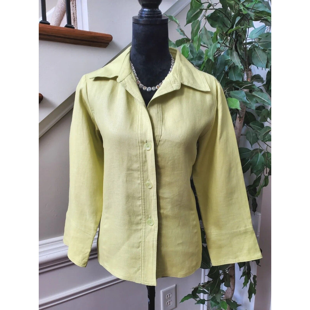 Rafaella Women's Green 100% Linen Collared Long Sleeve Button Front Jacket 10
