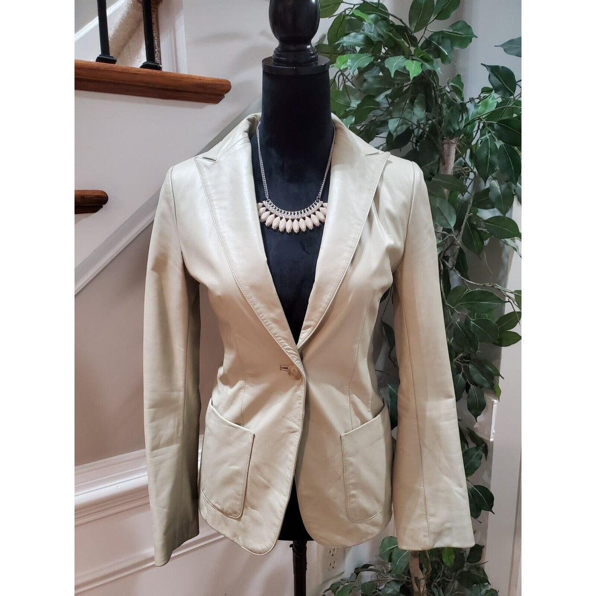VTG First Avenue Beige Single Breasted One Button Leather Blazer Jacket Medium