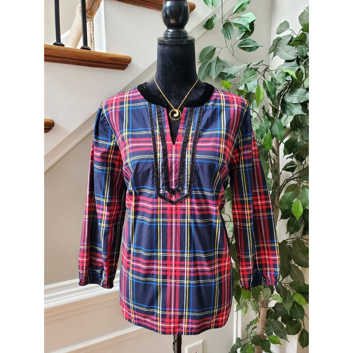 Talbots Petite Women's Blue Cotton Check Long Sleeve Casual Top Blouse Size LP