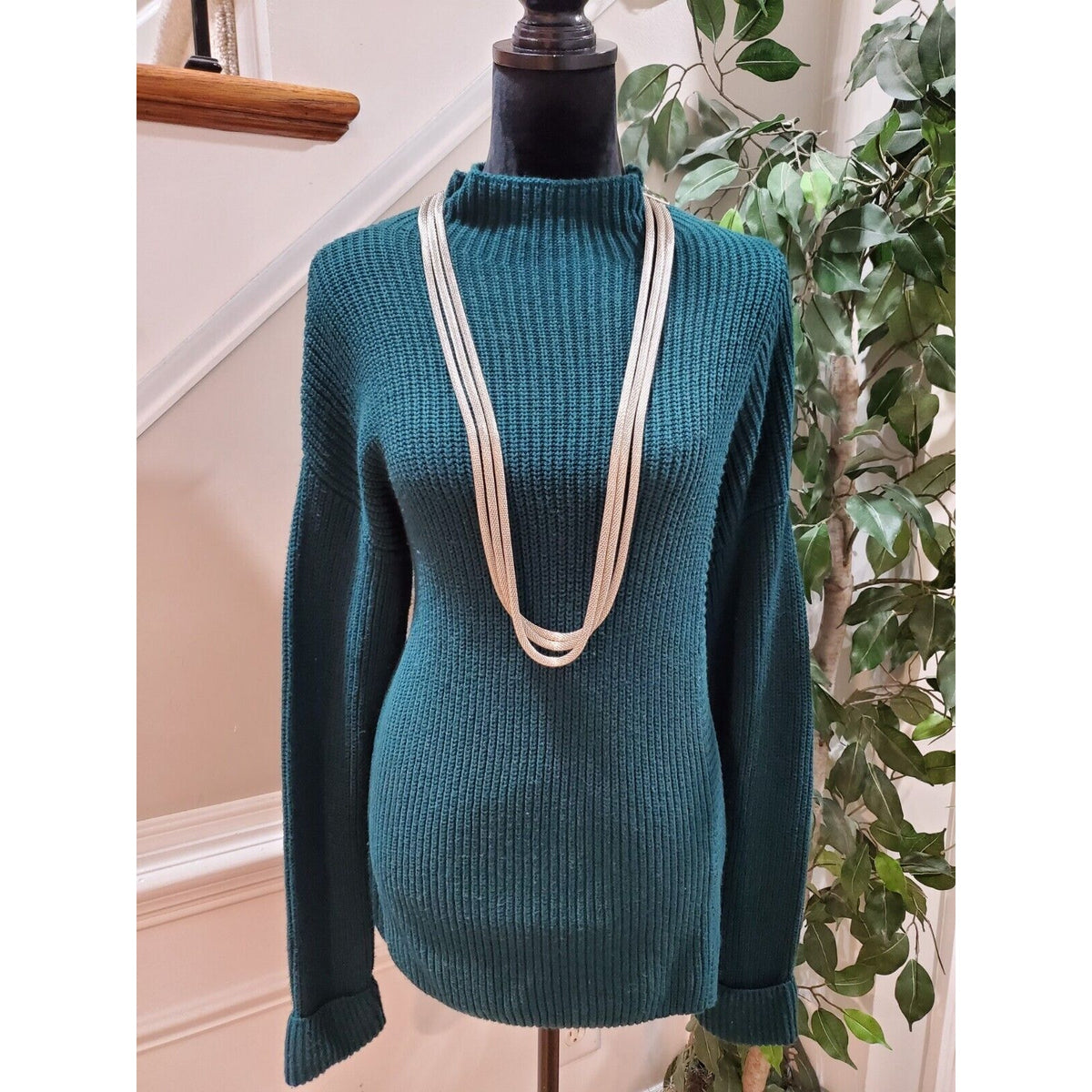 Calson Women's Green Cotton Long Sleeve Mock Neck Pullover Knit Sweater Small