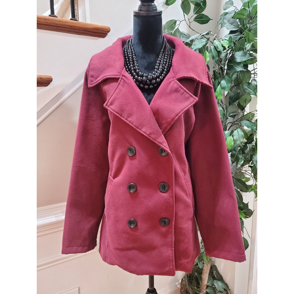 Me Jane Women Maroon Polyester Double Breasted Long Sleeve Buttons Front Coat 3X