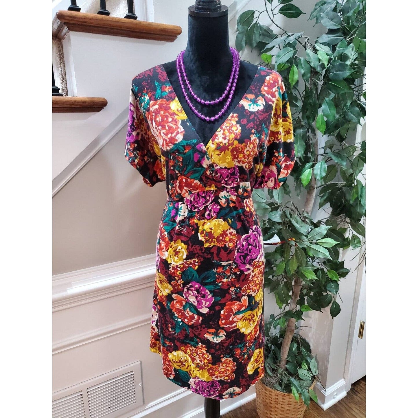 Pure Energy Women Multicolor Polyester V-Neck Short Sleeve Knee Length Dress 2X