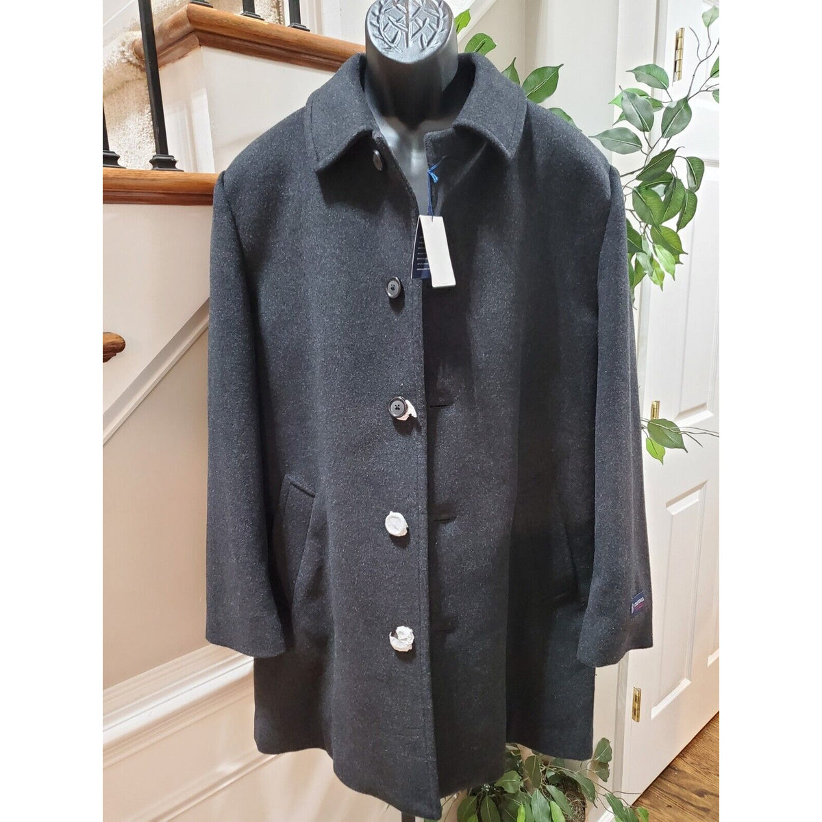 Stafford Mens Black Solid Long Sleeve Collared Button Front Casual Coat Size 38R