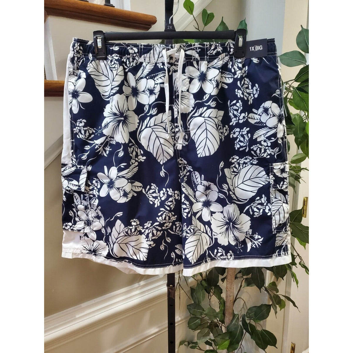 Roundtree & Yorke Men's Blue Floral Cotton Pull On Stretch Swimwear Shorts 1XB