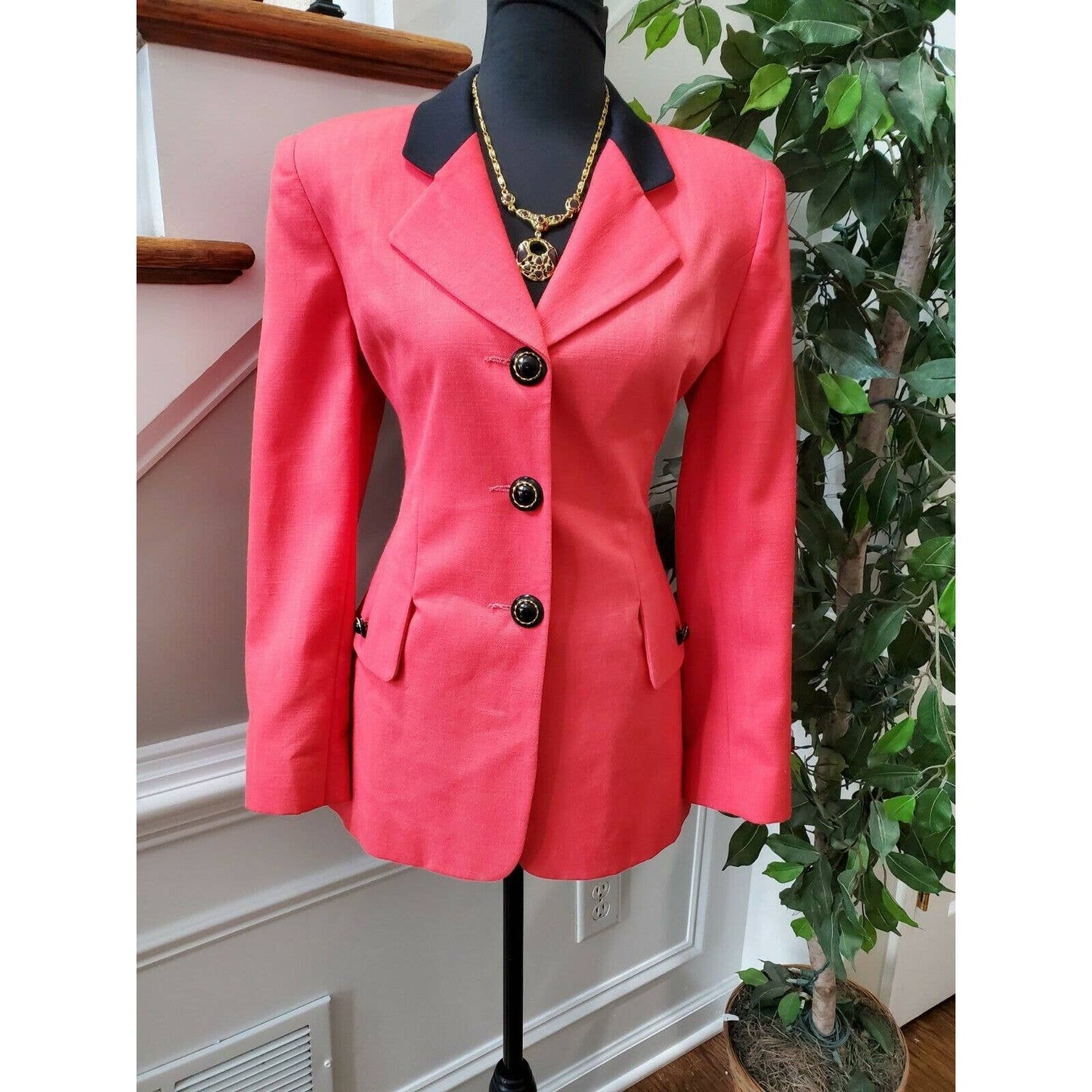 Vintage Oleg Classini Red Polyester Long Sleeve Fitted Single Breasted Blazer 6