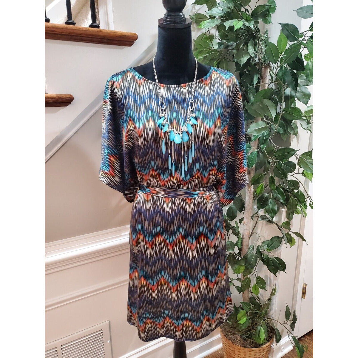 MSK Women Multicolor Polyester Round Neck Short Sleeve Knee Length Dress Size 8