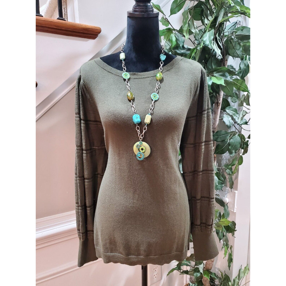Blu Dahlia Women's Green Cotton Round Neck Long Sleeve Casual Sweater Size XL
