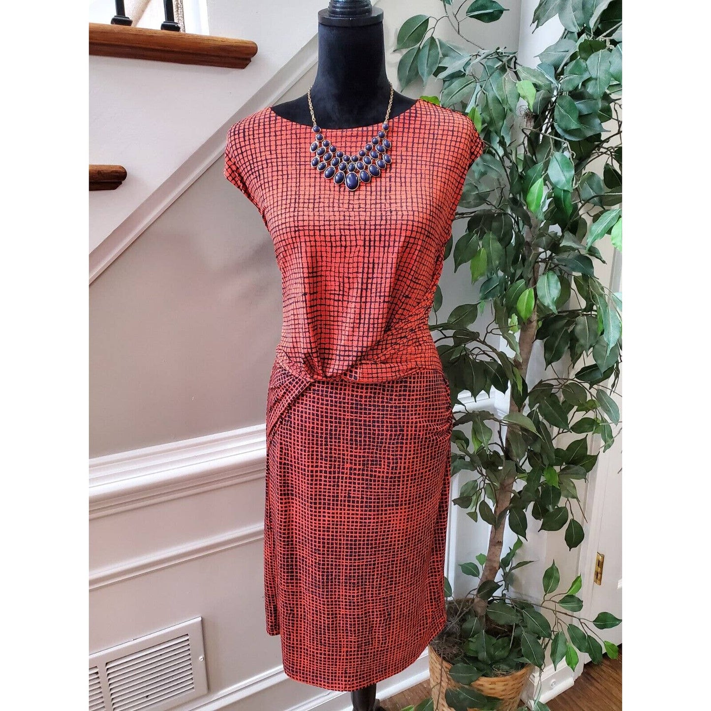 H By Halston Women's Orange Polyester Round Neck Sleeveless Knee Length Dress S