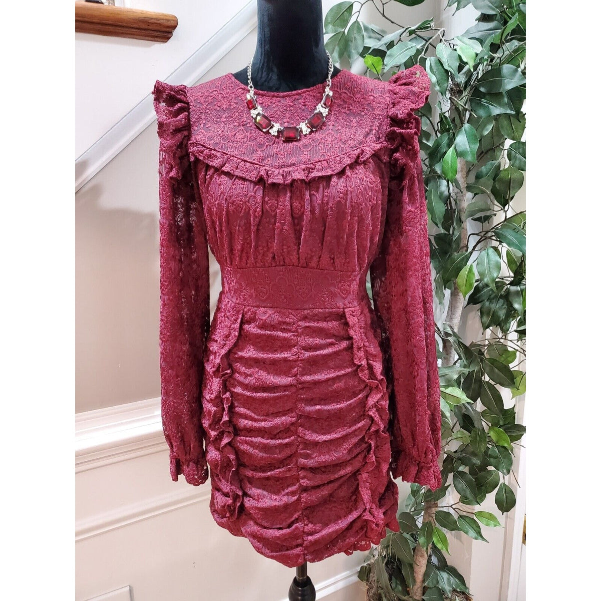 Just Me Women's Maroon polyester Round Neck Long Sleeve Knee Length Dress Size S