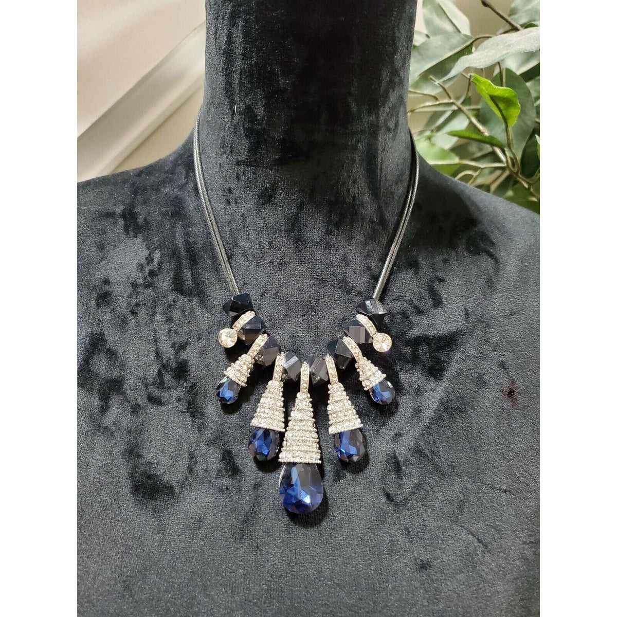 Statement Necklace w/ Sapphire Blue Crystals Black Beads & Rhinestone Accents