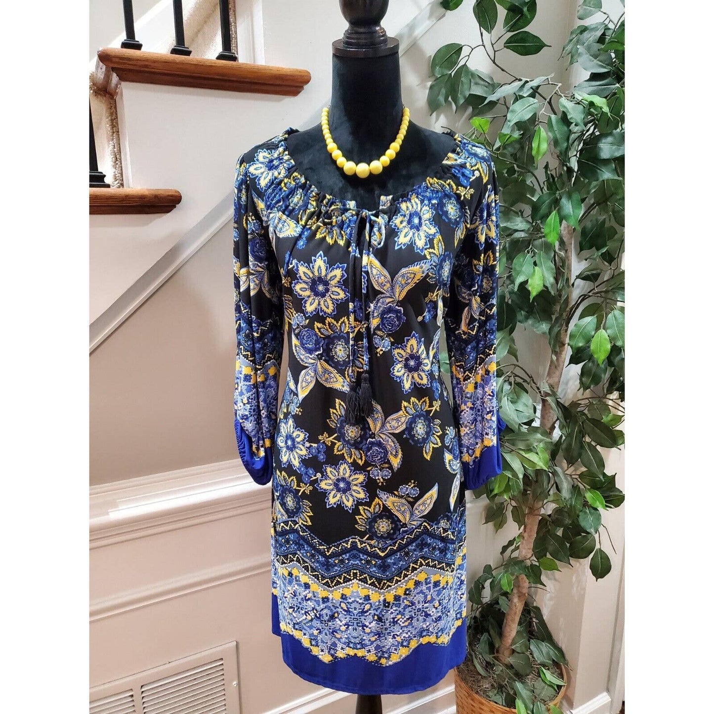 En Focus Women's Blue Polyester Round Neck Long Sleeves Knee Length Dress 14P