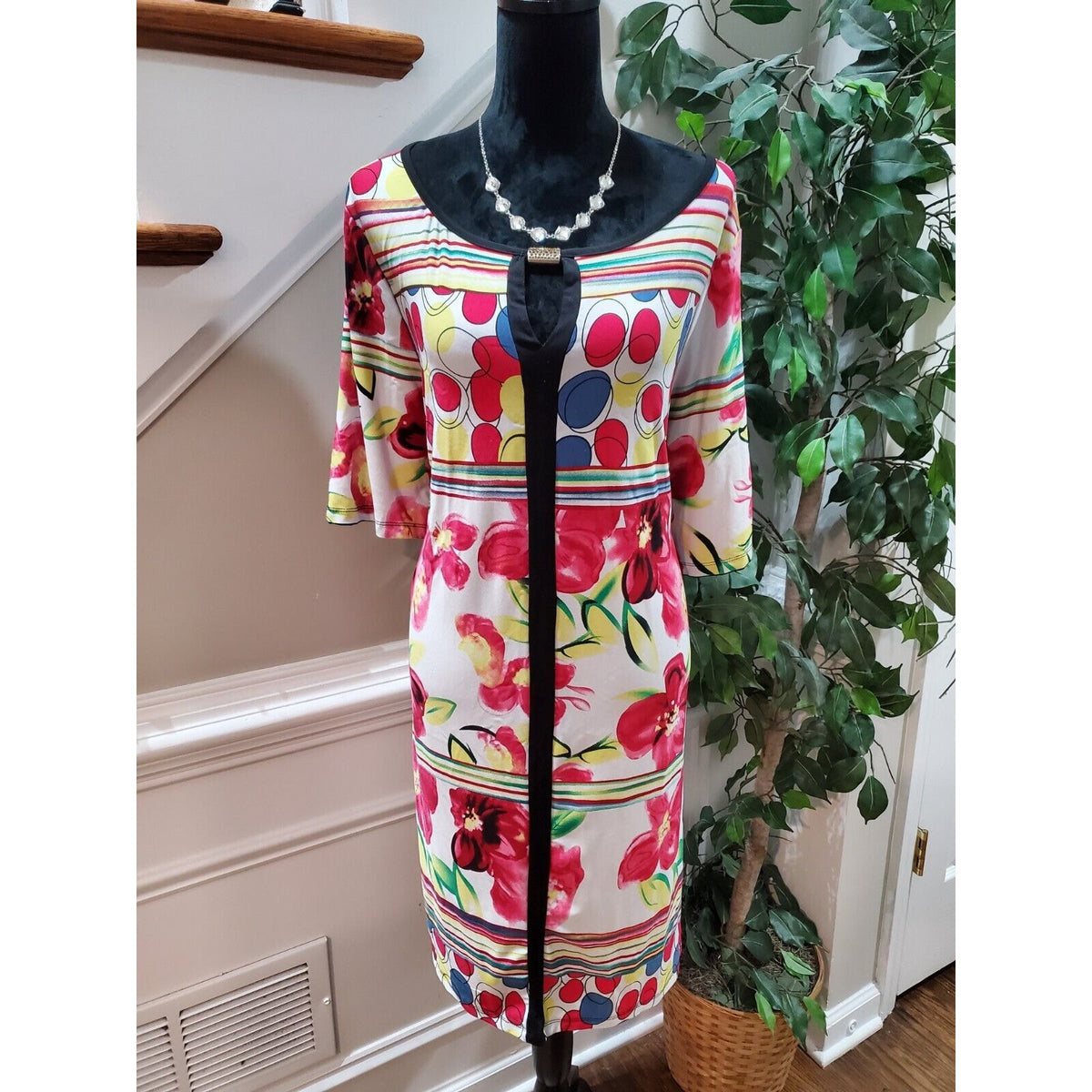 JSP Women Red & White Polyester Round Neck 3/4 Sleeve Knee Length Dress Size 2X