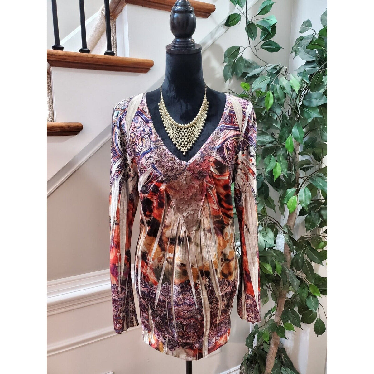 Live and Let Live Women Multicolor Polyester V-Neck Long Sleeve Top Blouse XL