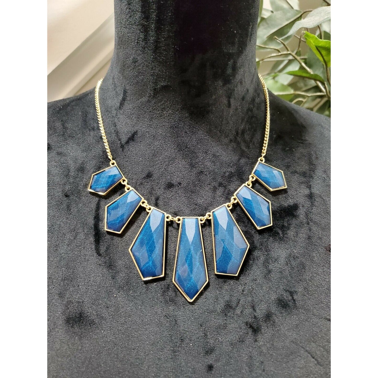 Women's Dark Blue Geometric Shape Necklace with Gold Chain Necklace