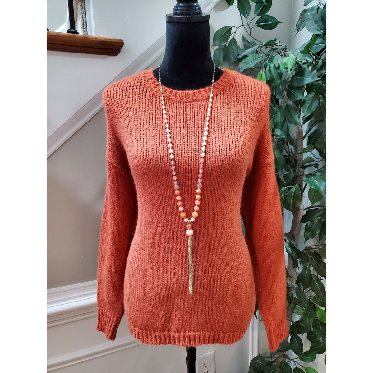 Cotton Emporium Women Orange Long Sleeve Round Neck Pullover Knit Sweater Small