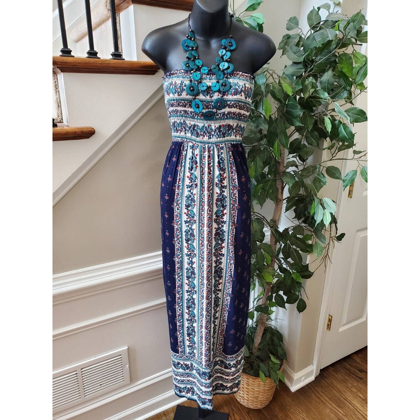 Angle Women's Blue & White 100% Rayon Off The Shoulder Long Maxi Dress Size XS