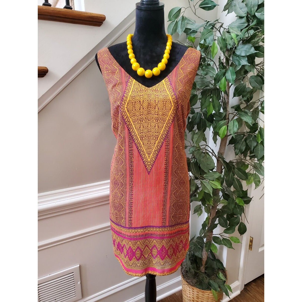 City Triangles Multicolor 100% Polyester V-Neck Sleeveless Knee Length Dress L