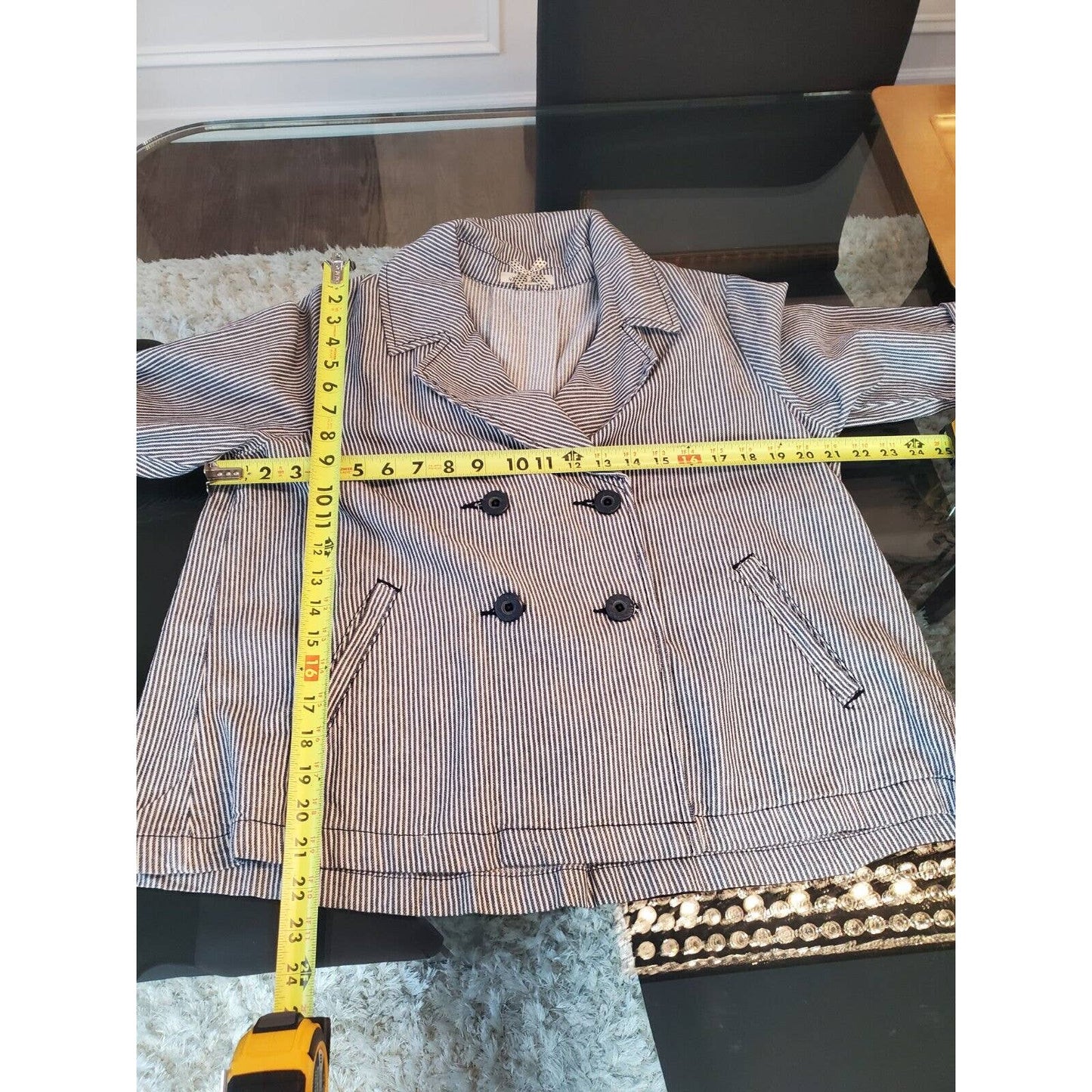 Kikit Women's Striped 100% Cotton Long Sleeve Double Breasted Blazer Size Large