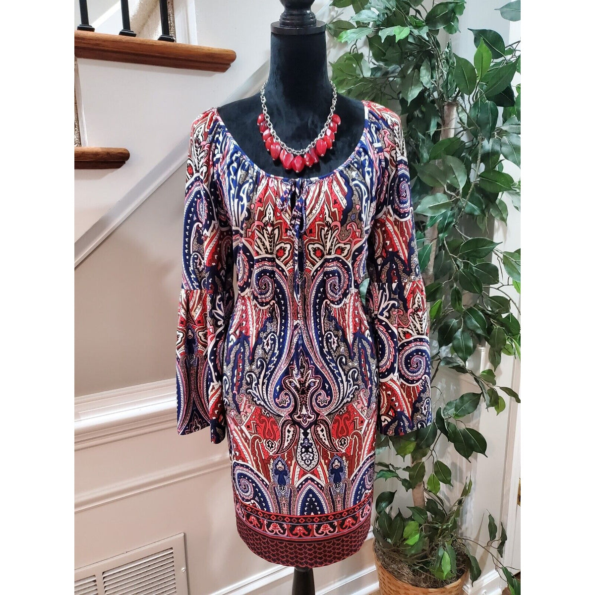INC Women Multicolor Polyester Scoop Neck Long Sleeve Knee Length Dress Size PXL