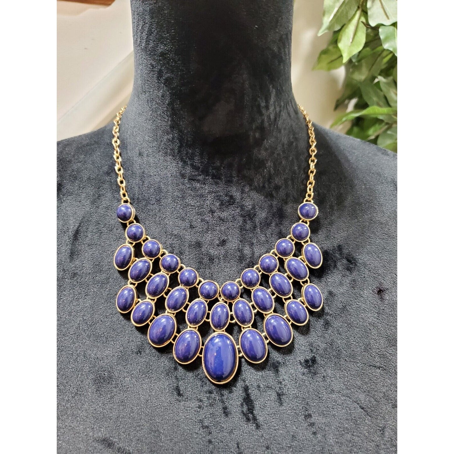 Women's Vintage Blue Rhinestone Gold Chain Statement Necklace