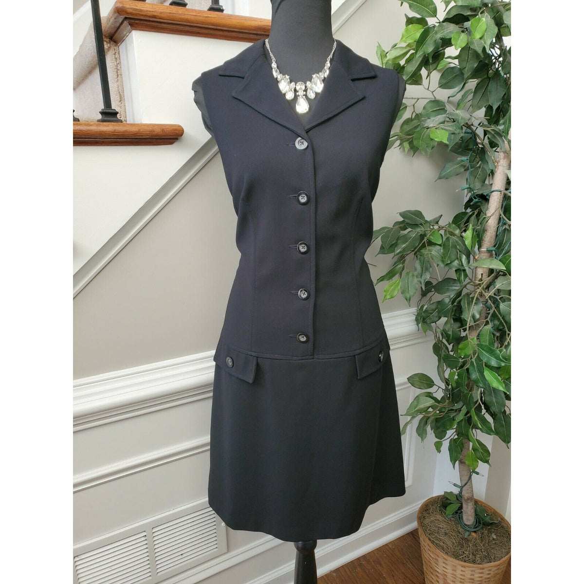 Vintage Carole Little Womens Black Polyester Sleeveless Knee Length Dress