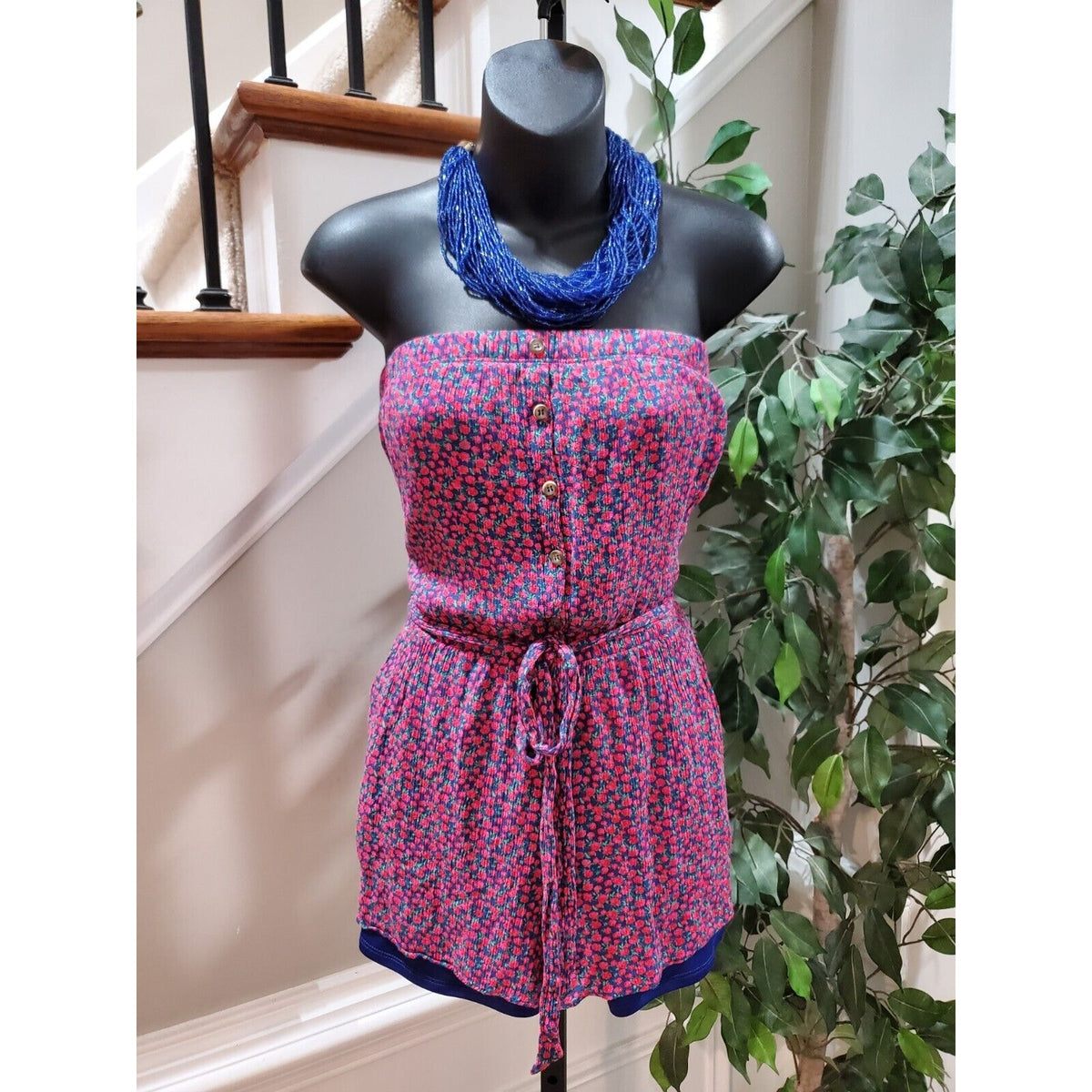 MM MM MM Women's Blue & Red Floral Rayon Off The Shoulder Casual Romper Size XL