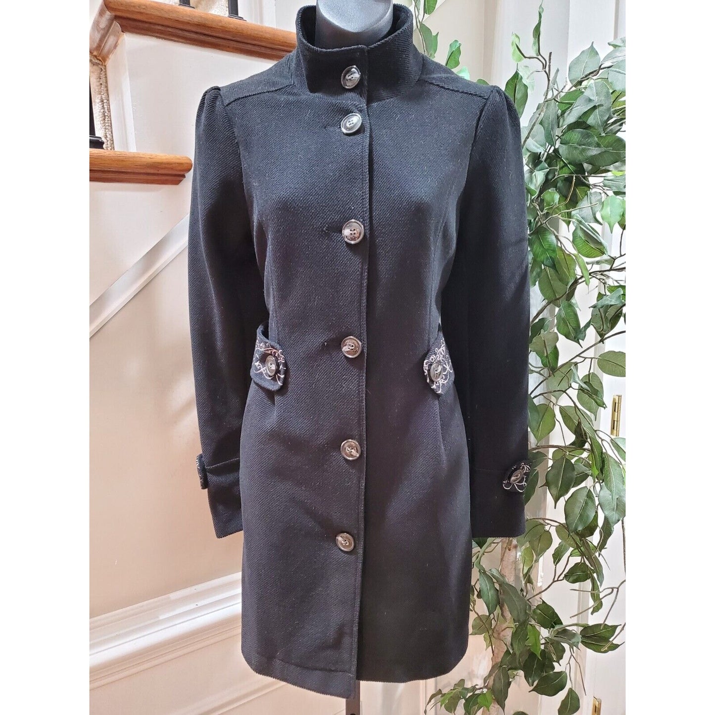 Green Dragon Paisley Embroidered Black Long Sleeve Buttons Front Casual Coat M